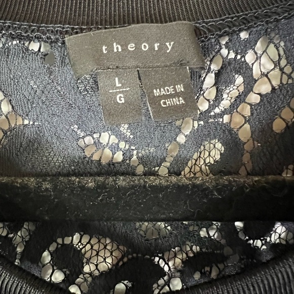 Theory navy blue lace top black trim sz L long slv party mobwife contemporary - Picture 3 of 5